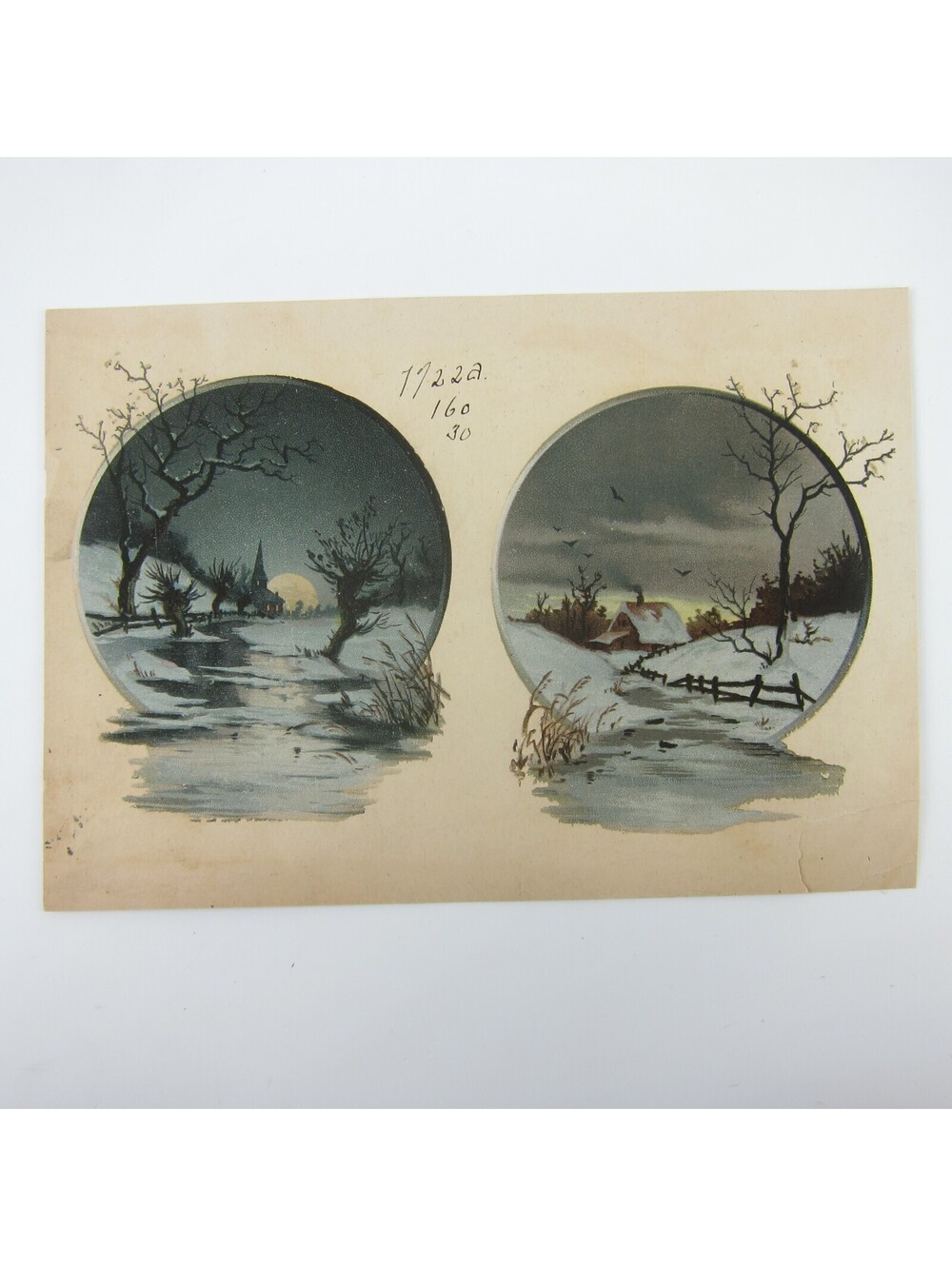 Antique Lithograph Print Samples Winter Snow Stream Night Moon Church House RARE